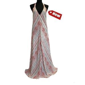 OLIVACEOUS White multicoloured halter low back maxi dress Sz S NWT